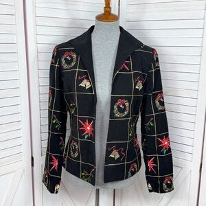MAK‎ New York Christmas Embroidered Blazer Open Front Jacket Black Multi 8